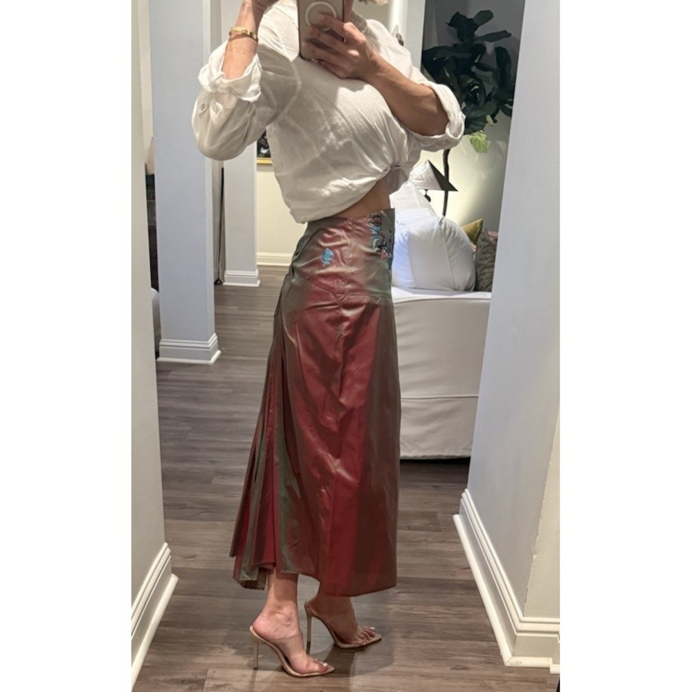 Vtg 90s Y2K Free People Silk Floral Embroidered Iridescent Midi Bussell Skirt - Picture 3 of 11